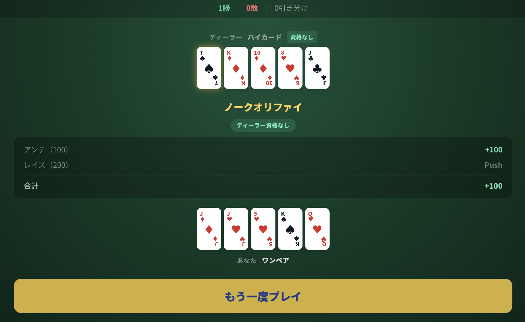 カリビアン・スタッド・ポーカーのプレイ画面