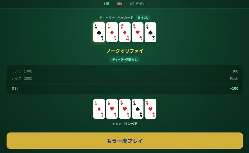 カリビアン・スタッド・ポーカーのプレイ画面