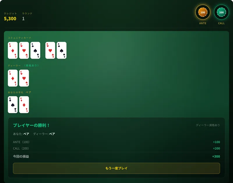 カジノ・ホールデムのプレイ画面