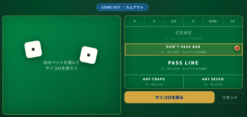 クラップスのプレイ画面