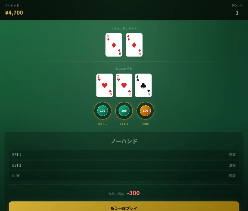 レット・イット・ライド・ポーカーのプレイ画面