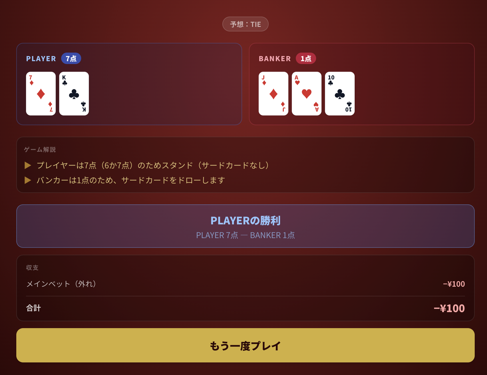 ミニ・バカラのプレイ画面