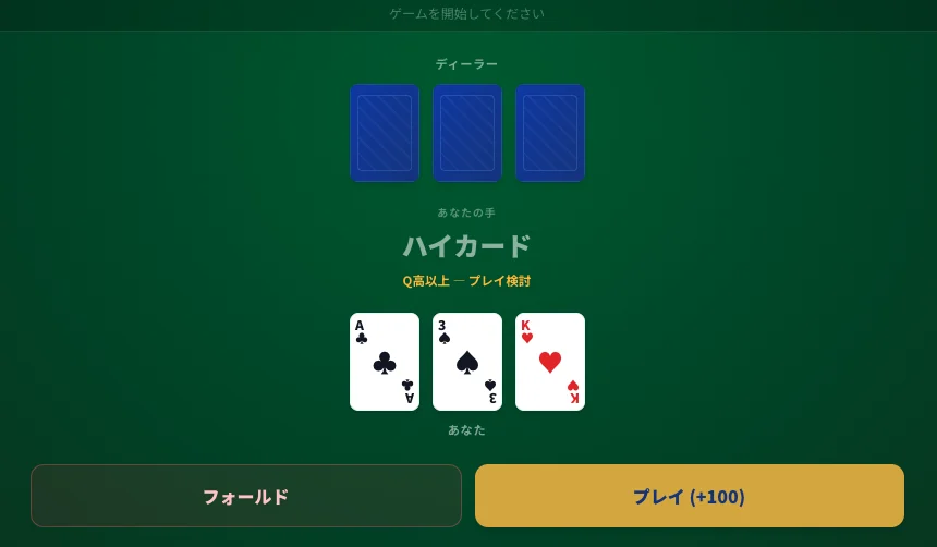 スリーカード・ポーカーのプレイ画面
